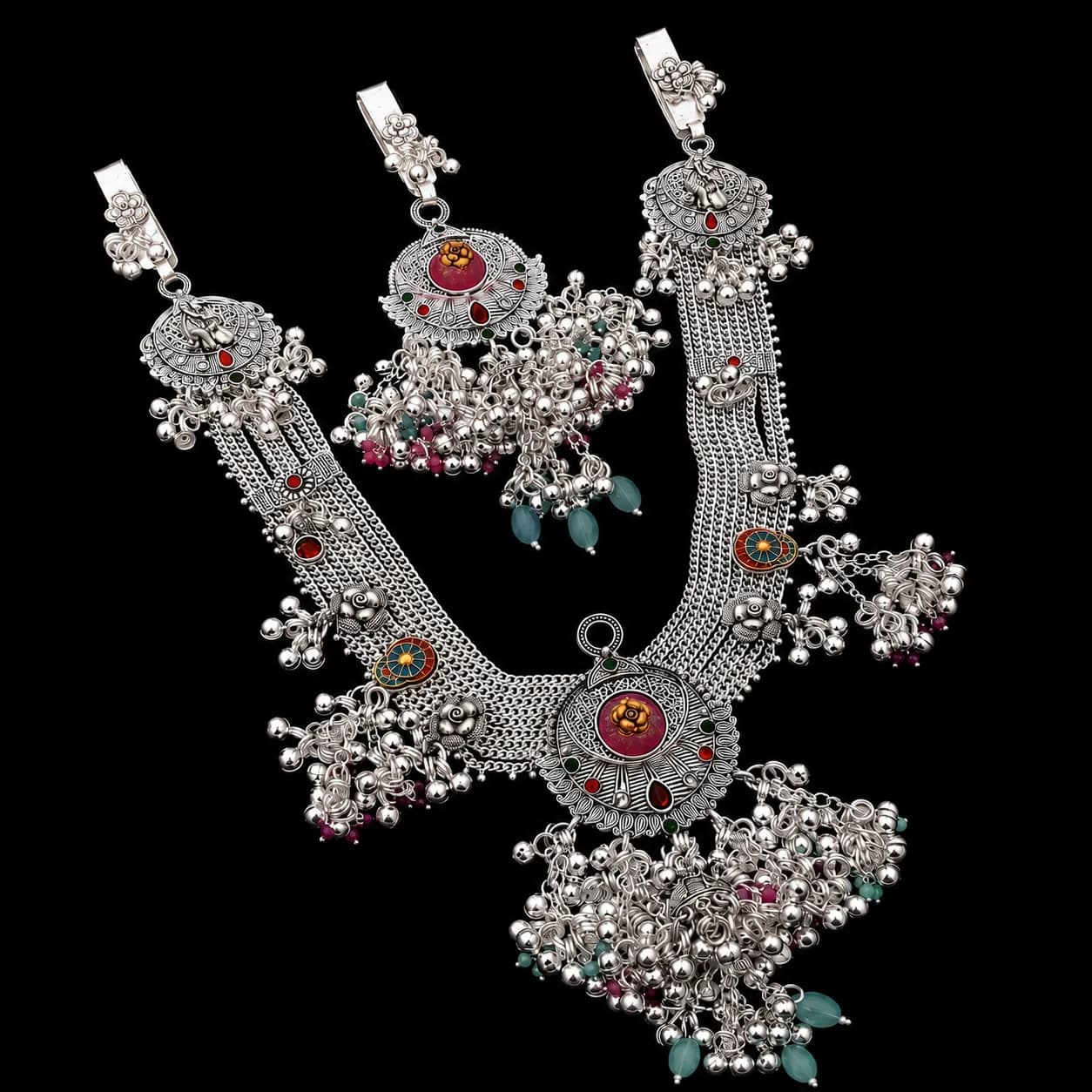 Antique Silver Kamarbandh with Multicolour Beads & Turquoise Drops