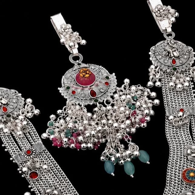 Antique Silver Kamarbandh with Multicolour Beads & Turquoise Drops - photo 2
