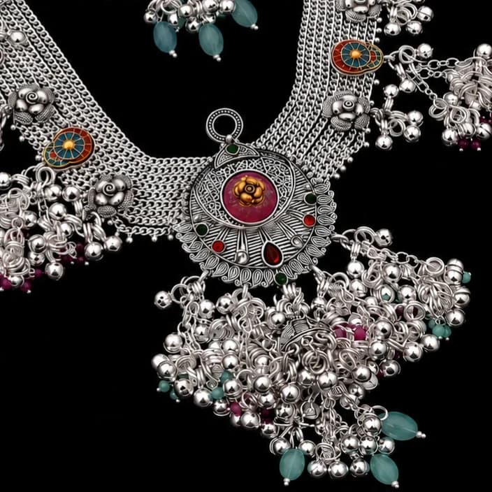 Antique Silver Kamarbandh with Multicolour Beads & Turquoise Drops - photo 3