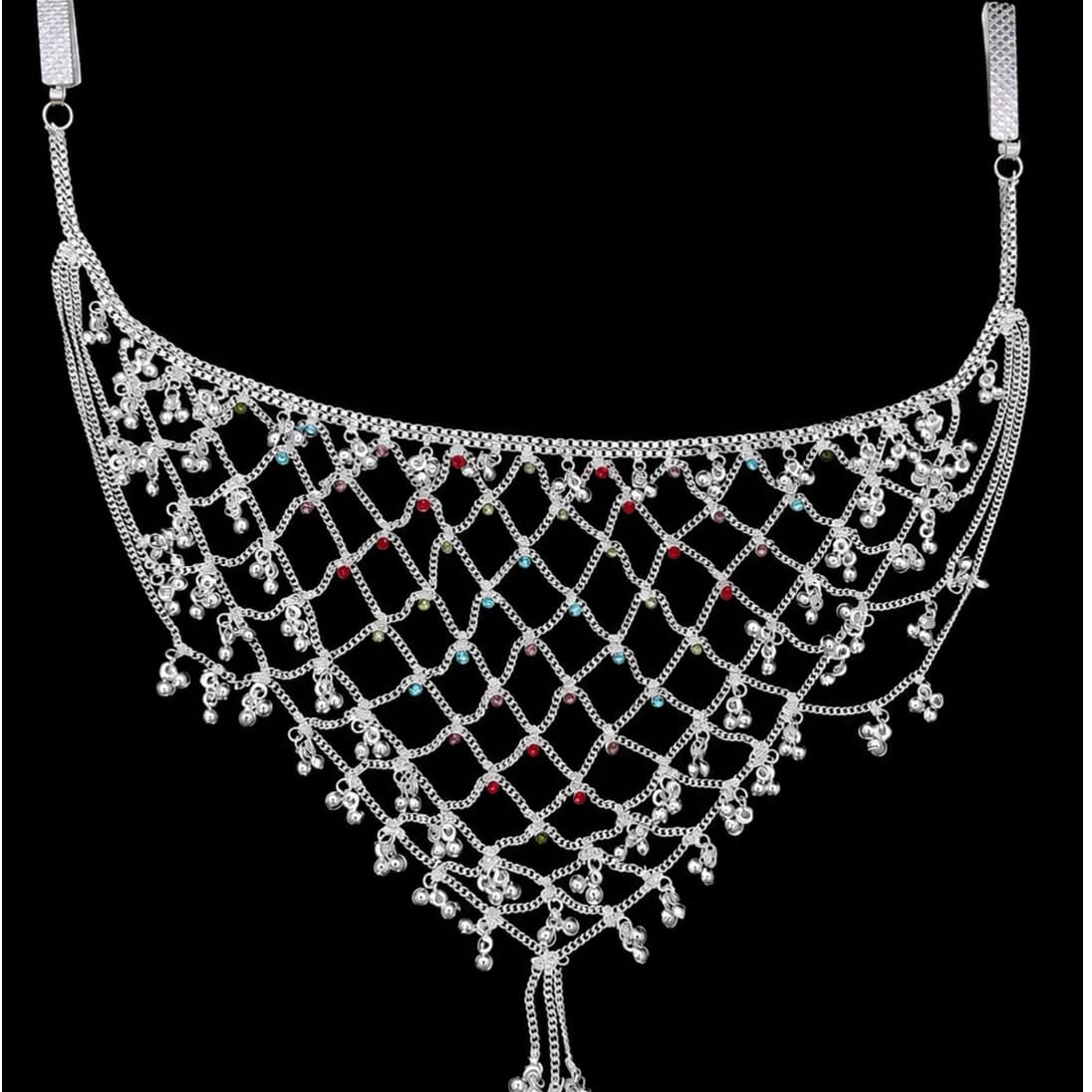 Silver Net Design Kamarbandh with Colourful Beads