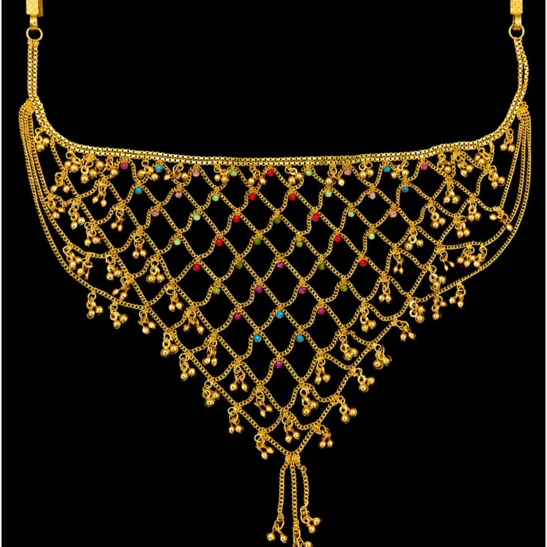 Gold Tone Layered Net Kamarbandh with Multicolour Beads & Ghungroo