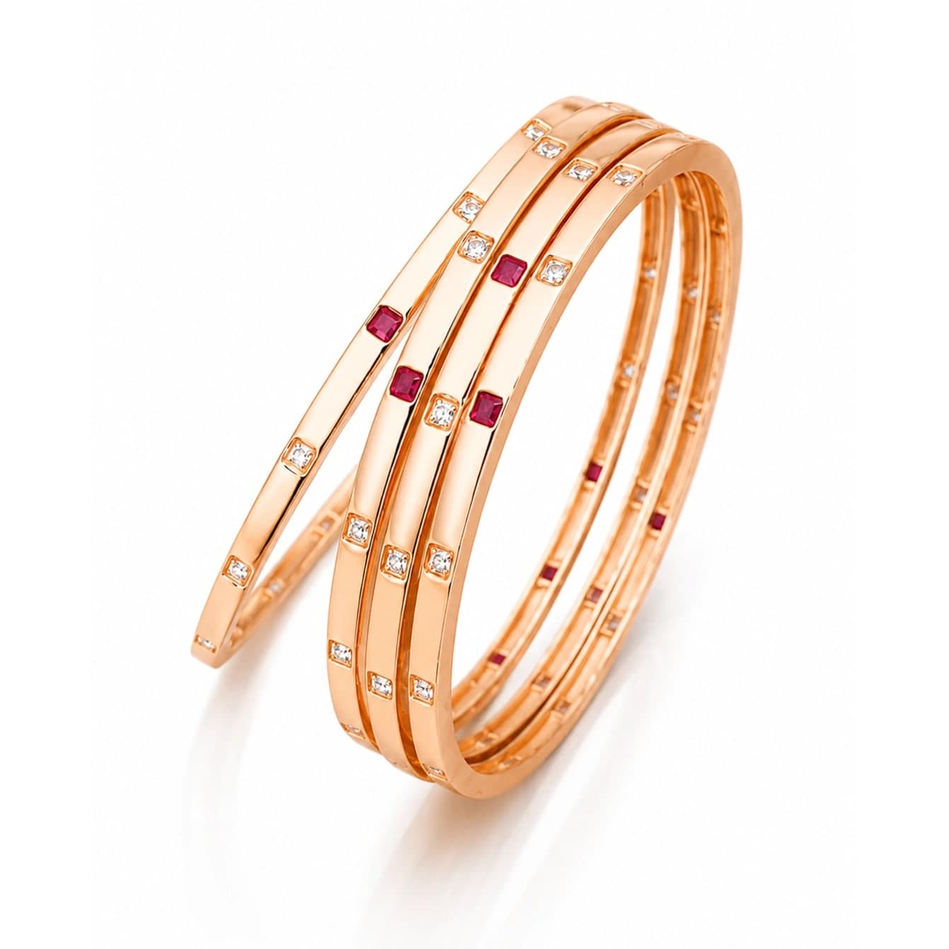 Ruby Crystal Triple Line Gold Plated Brass Bangle