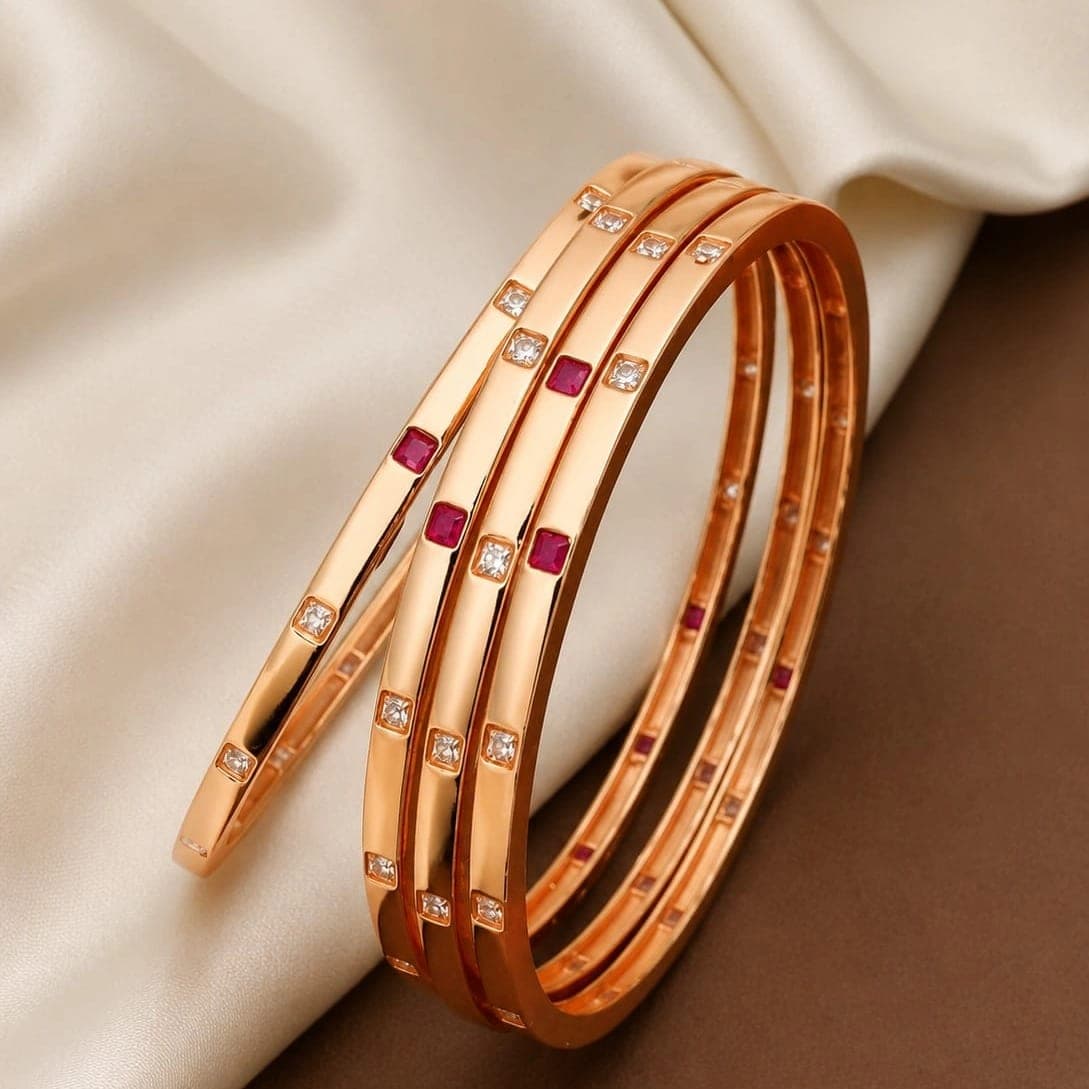 Ruby Crystal Triple Line Gold Plated Brass Bangle - photo 2
