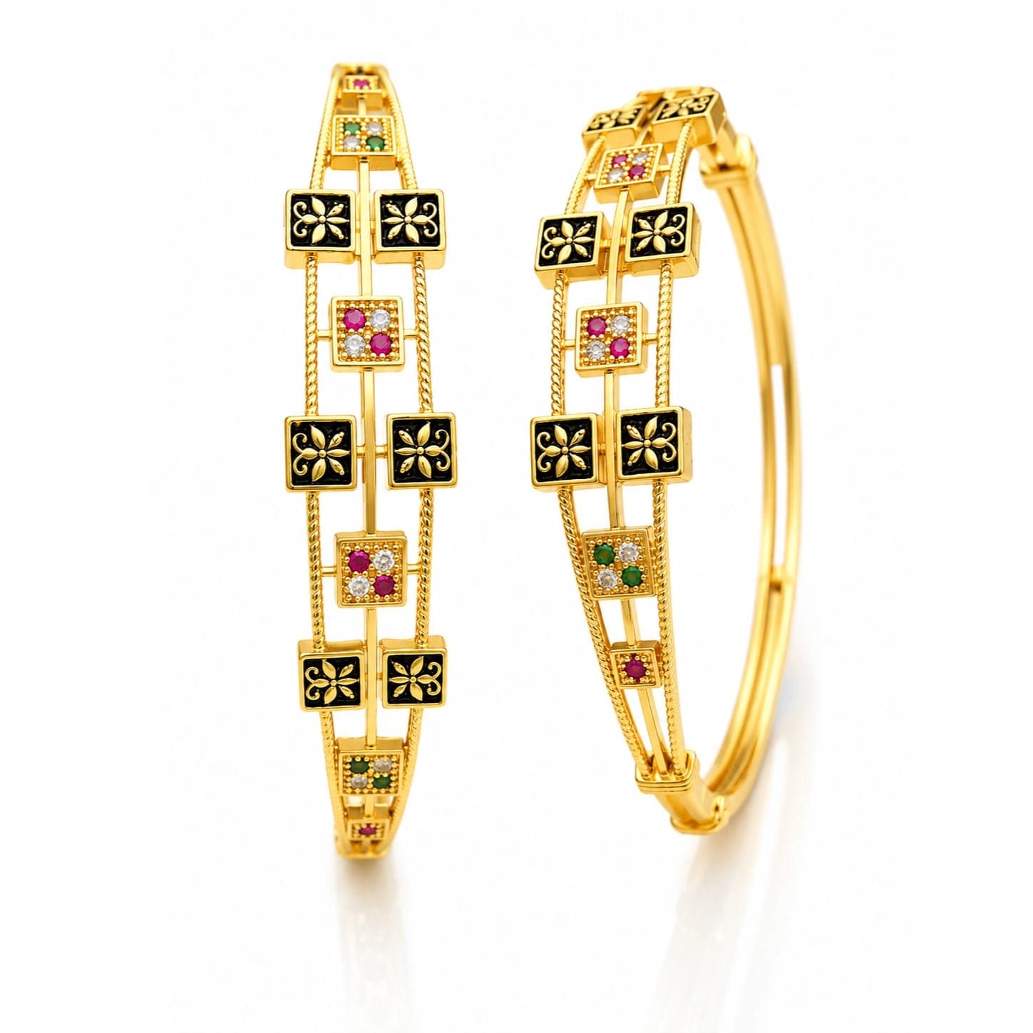 Black Floral Ruby Emerald Gold Plated Brass Bangle