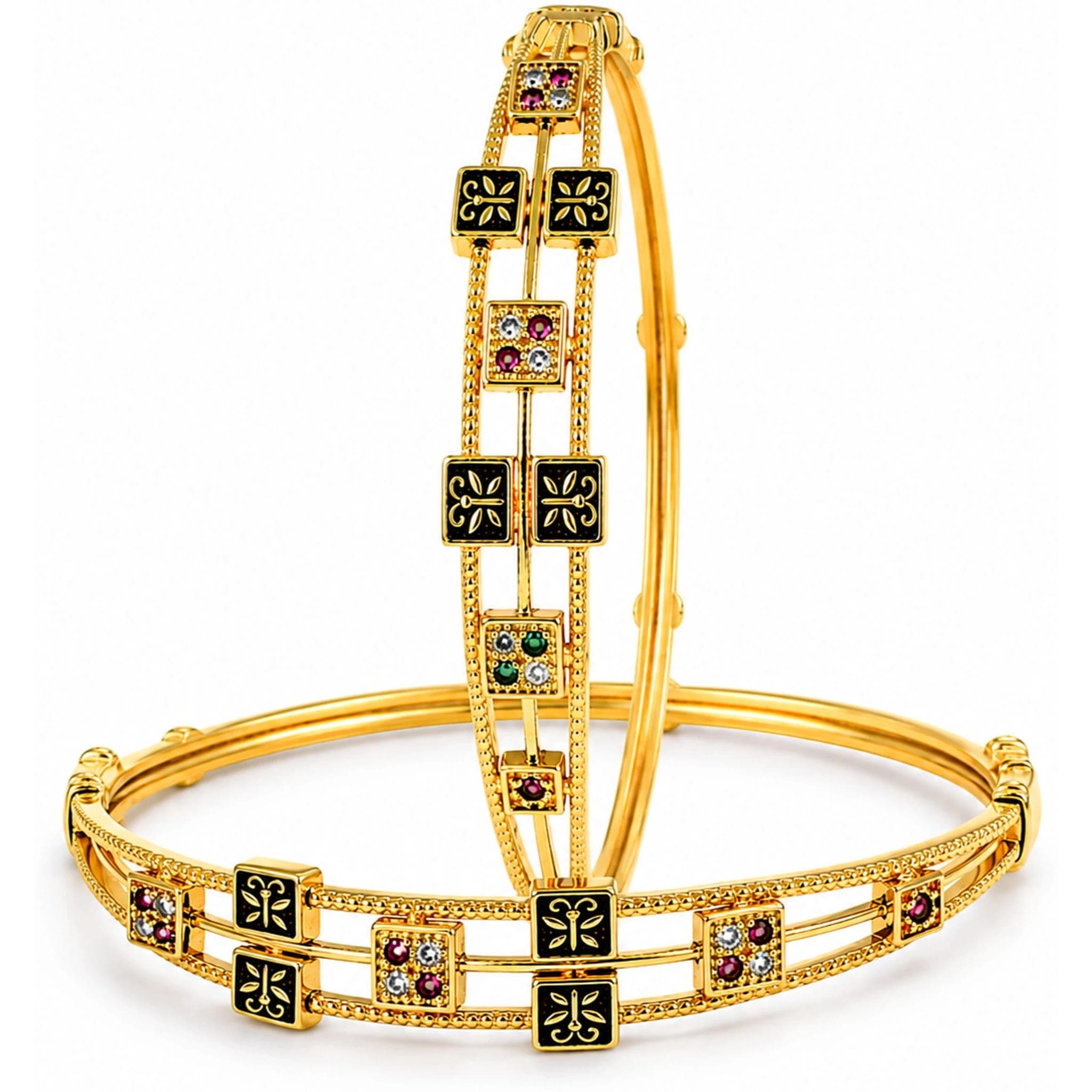 Black Floral Ruby Emerald Gold Plated Brass Bangle - photo 2