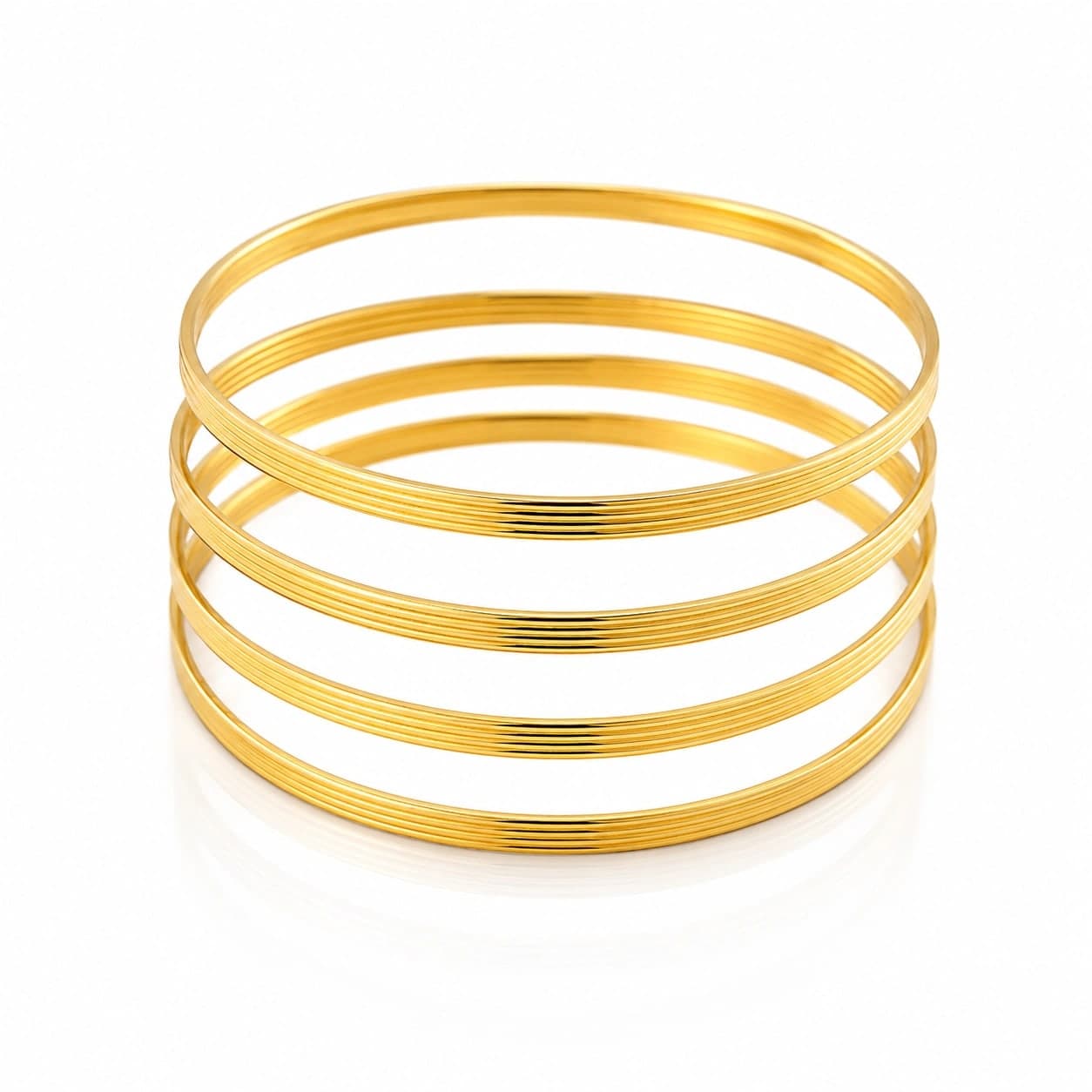 Classic Ribbed Gold Finish Plain Brass Bangle Set