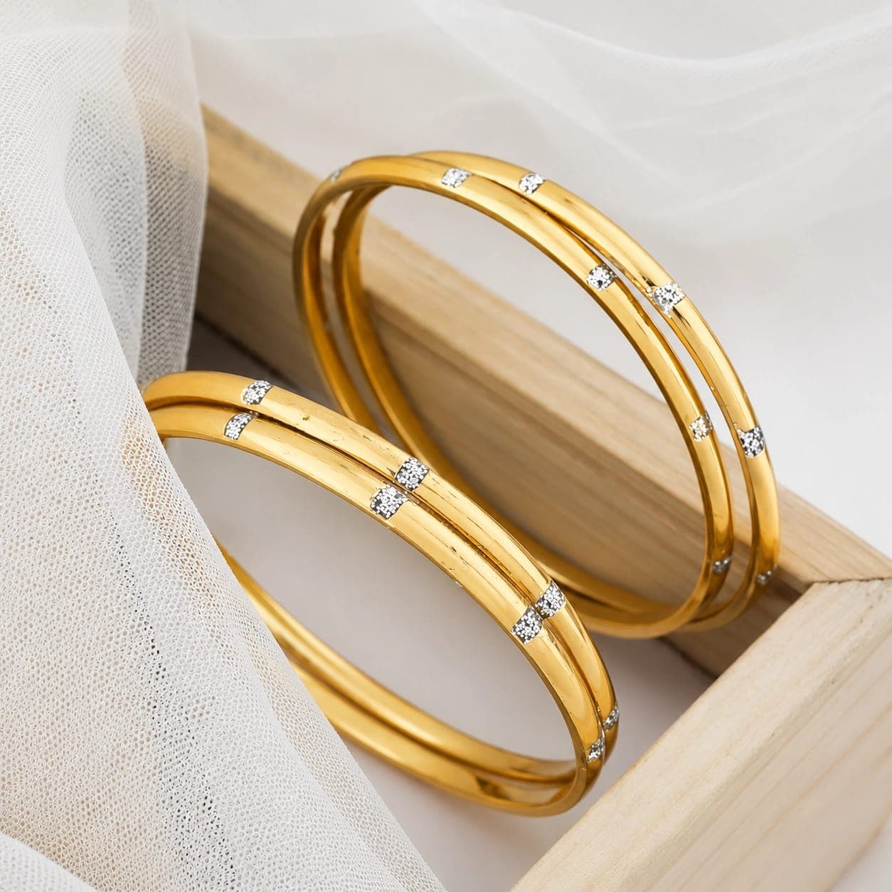 Crystal Accent Gold Finish Brass Bangle Set - photo 3