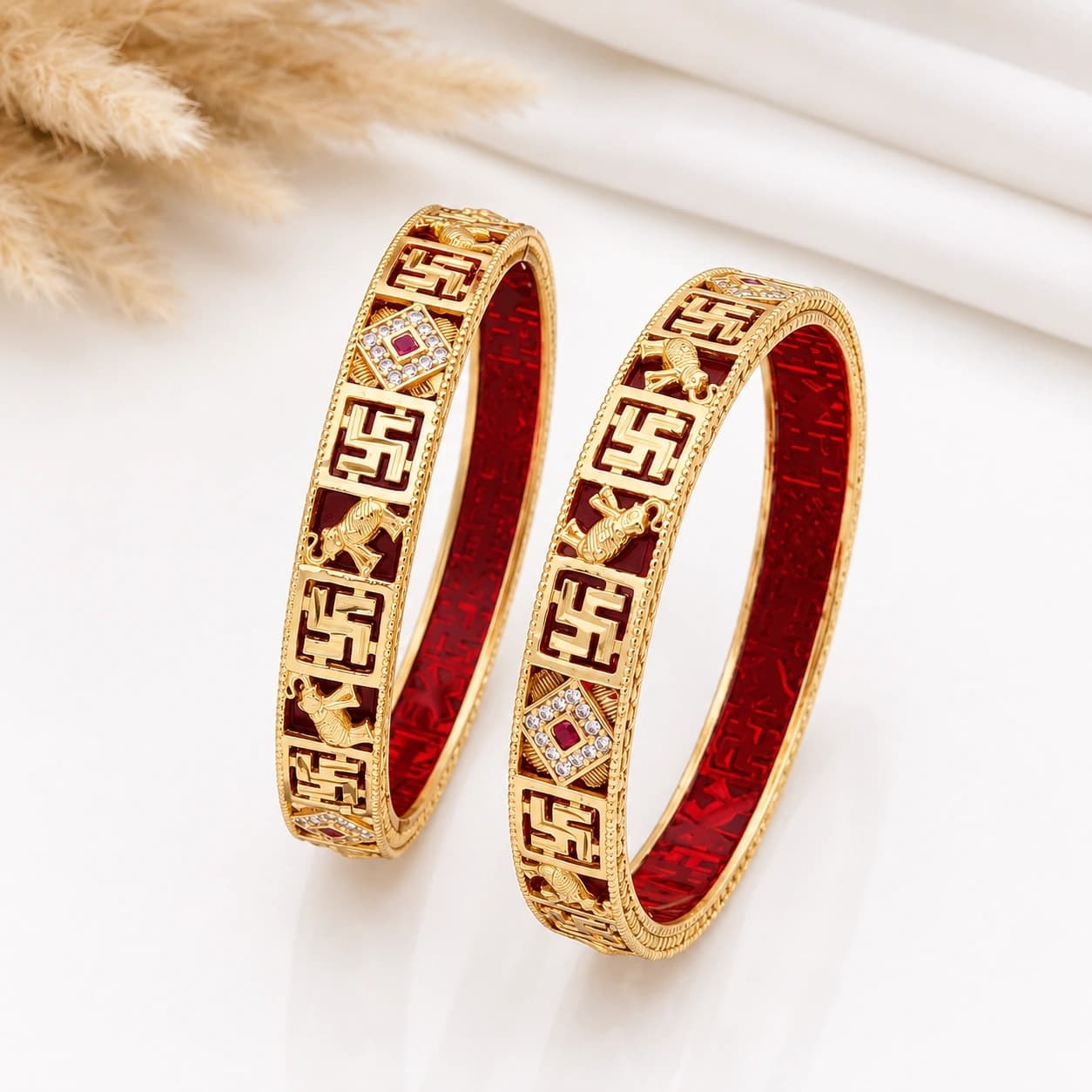 Heritage Red Enamel Geometric Gold Finish Patla Bangle - photo 3