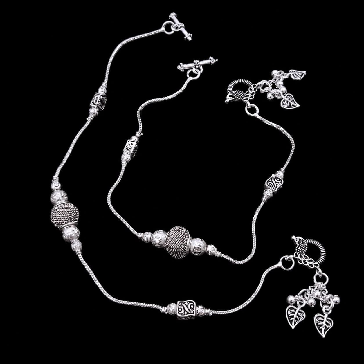 Ornate Mesh Bead Leaf Charm Silver Plated Payal - photo 2
