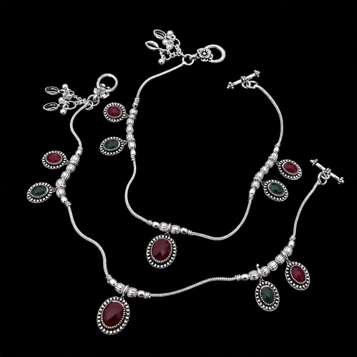 Red Green Oval Stone Bead Charm Silver Plated Payal