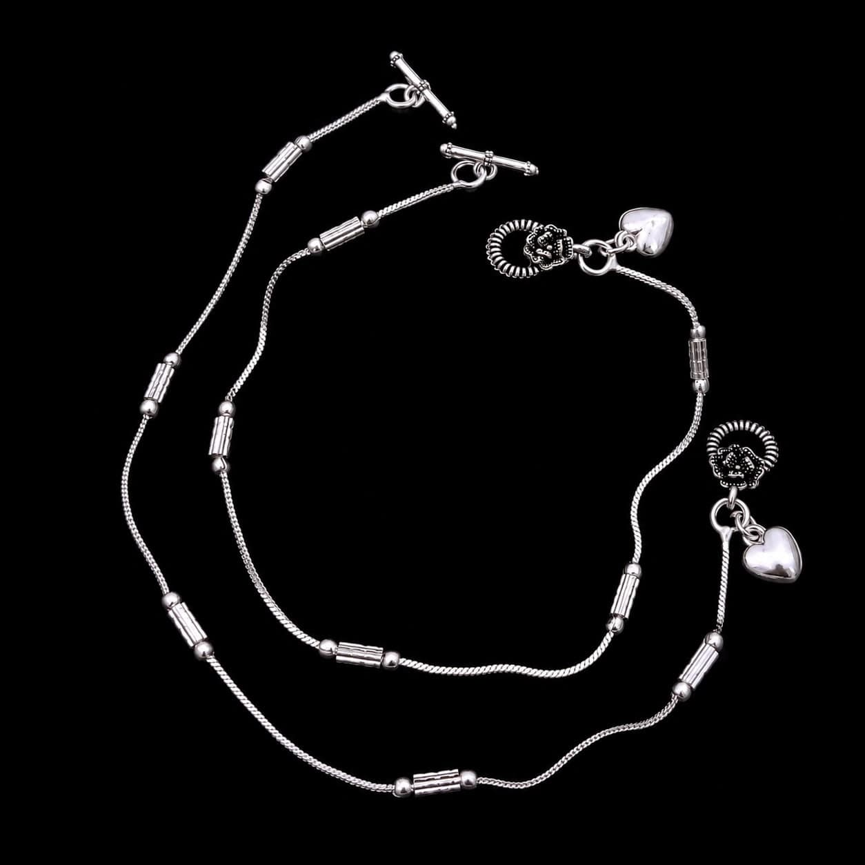 Minimal Ribbed Bead Heart Charm Silver Plated Payal - photo 2