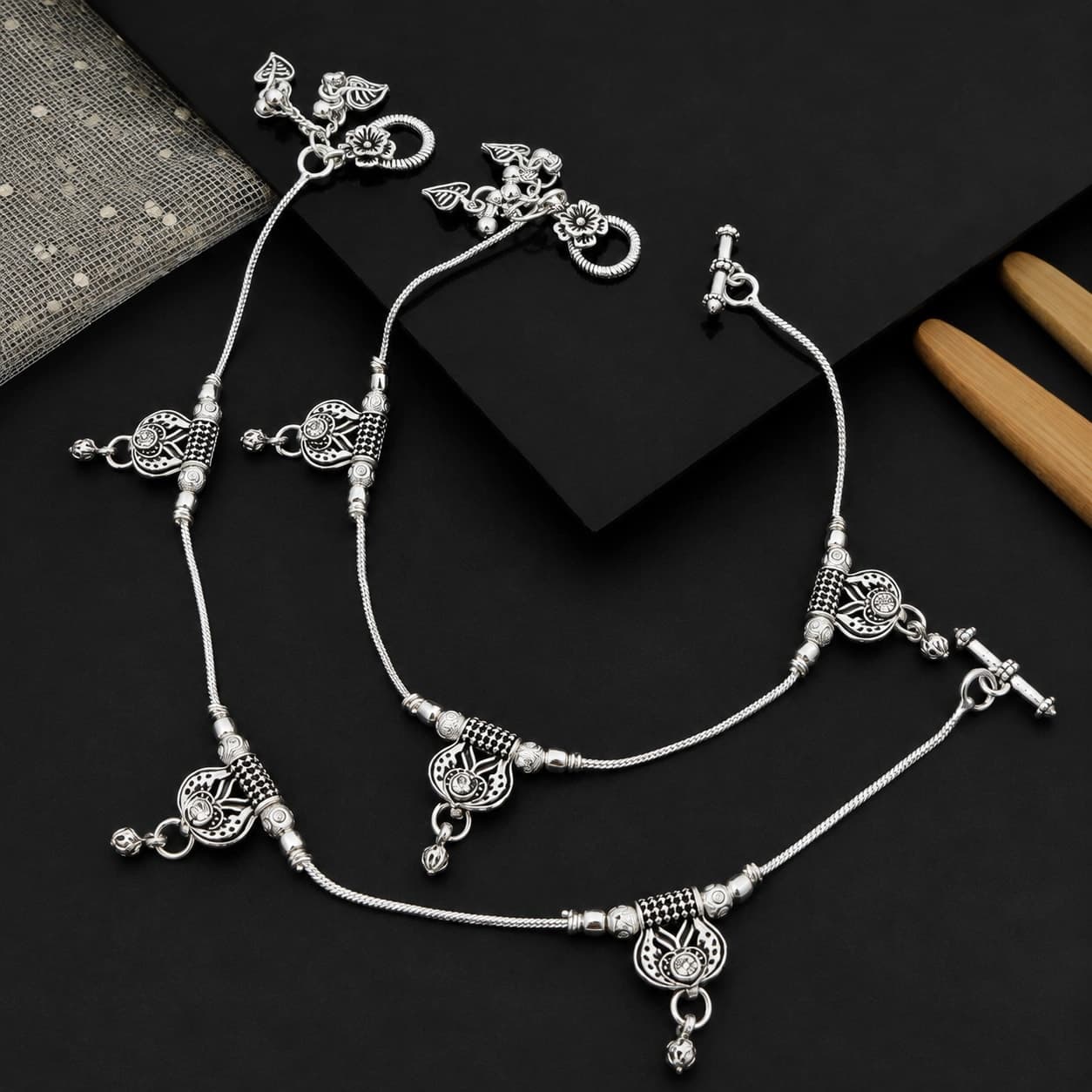 Floral Heart Bead Leaf Charm Silver Plated Payal