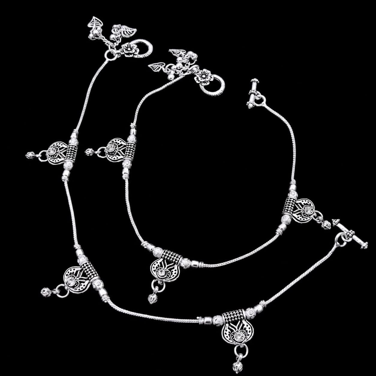 Floral Heart Bead Leaf Charm Silver Plated Payal - photo 2
