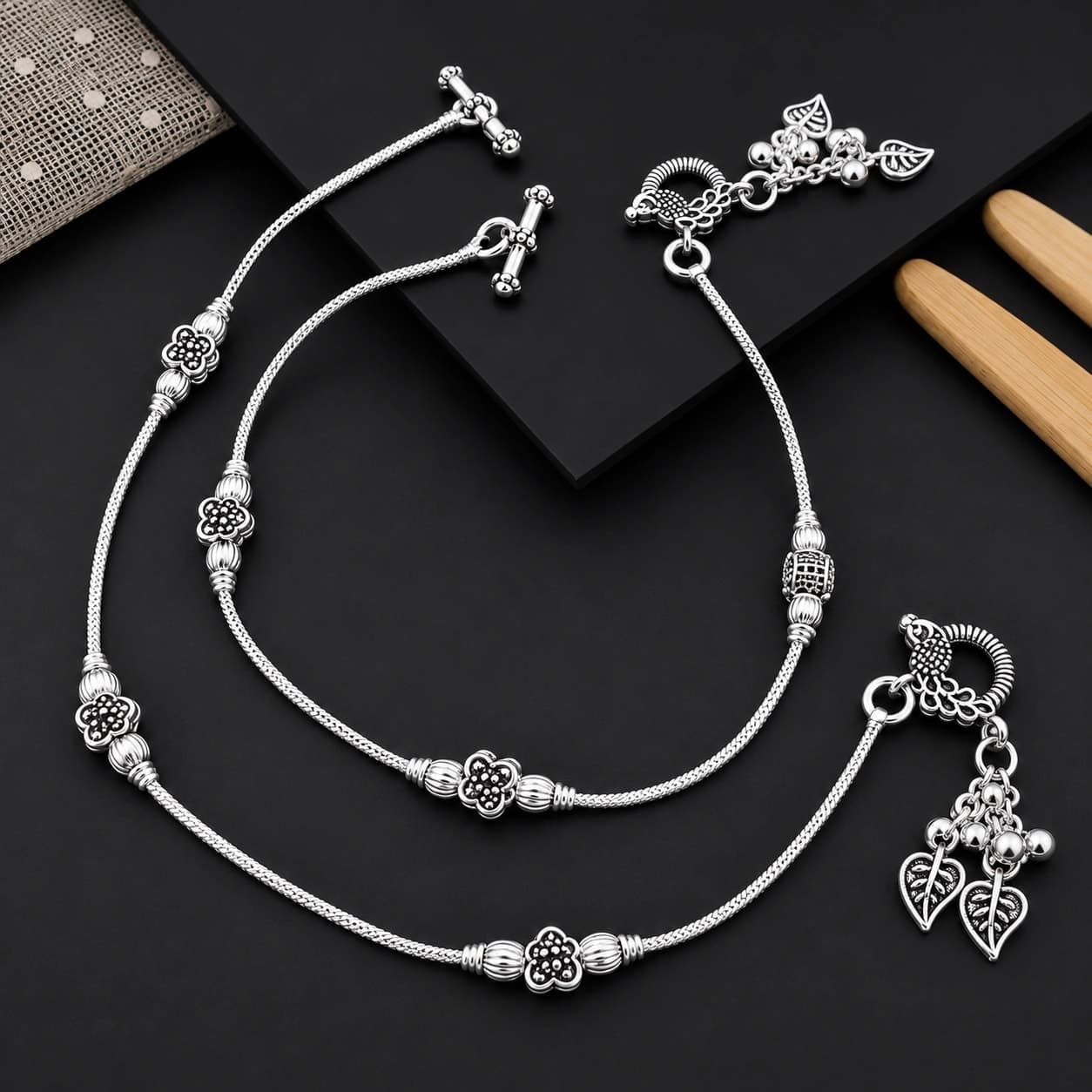 Antique Ornate Peacock Motif Silver Plated Payal