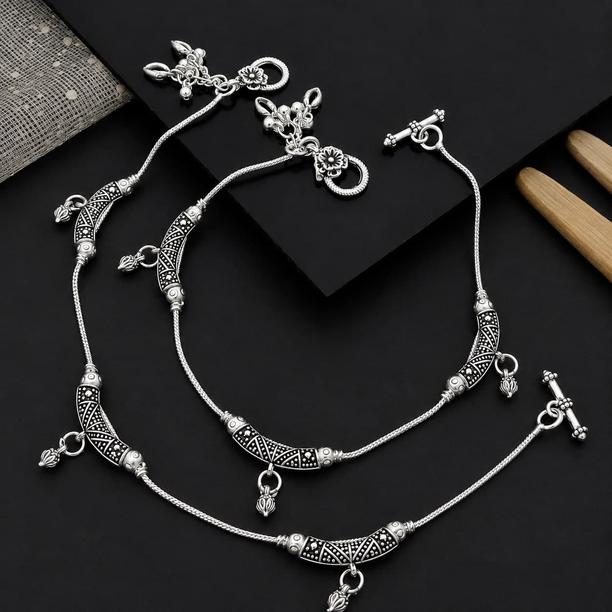 Antique Crescent Filigree Bud Charm Silver Plated Payal
