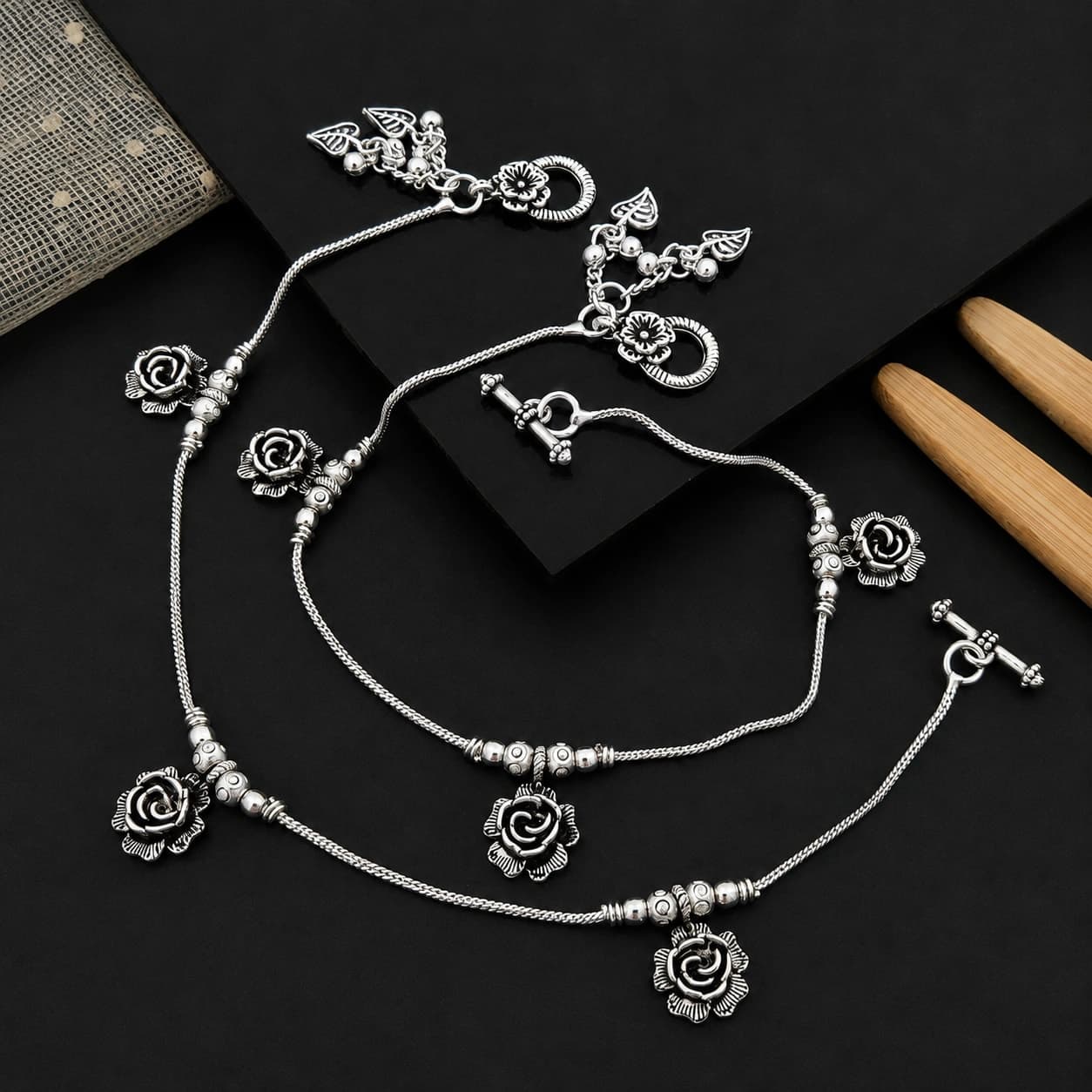 Antique Rose Floral Charm Silver Plated Payal