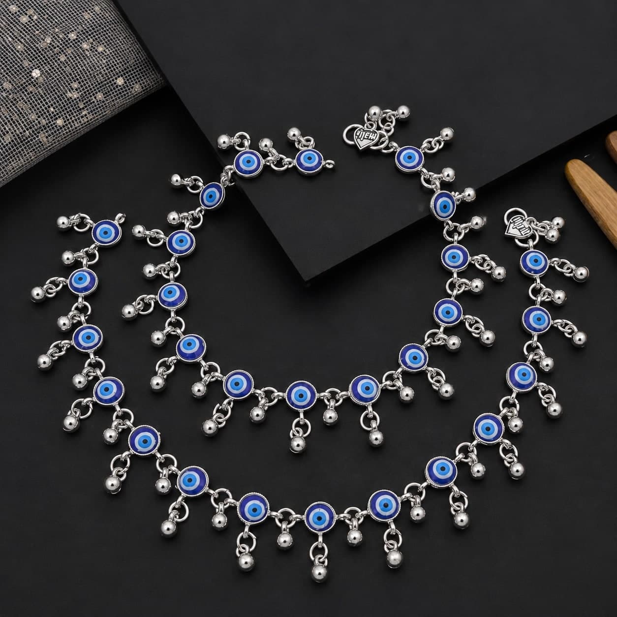 Blue Evil Eye Beaded Charm Silver Plated Payal