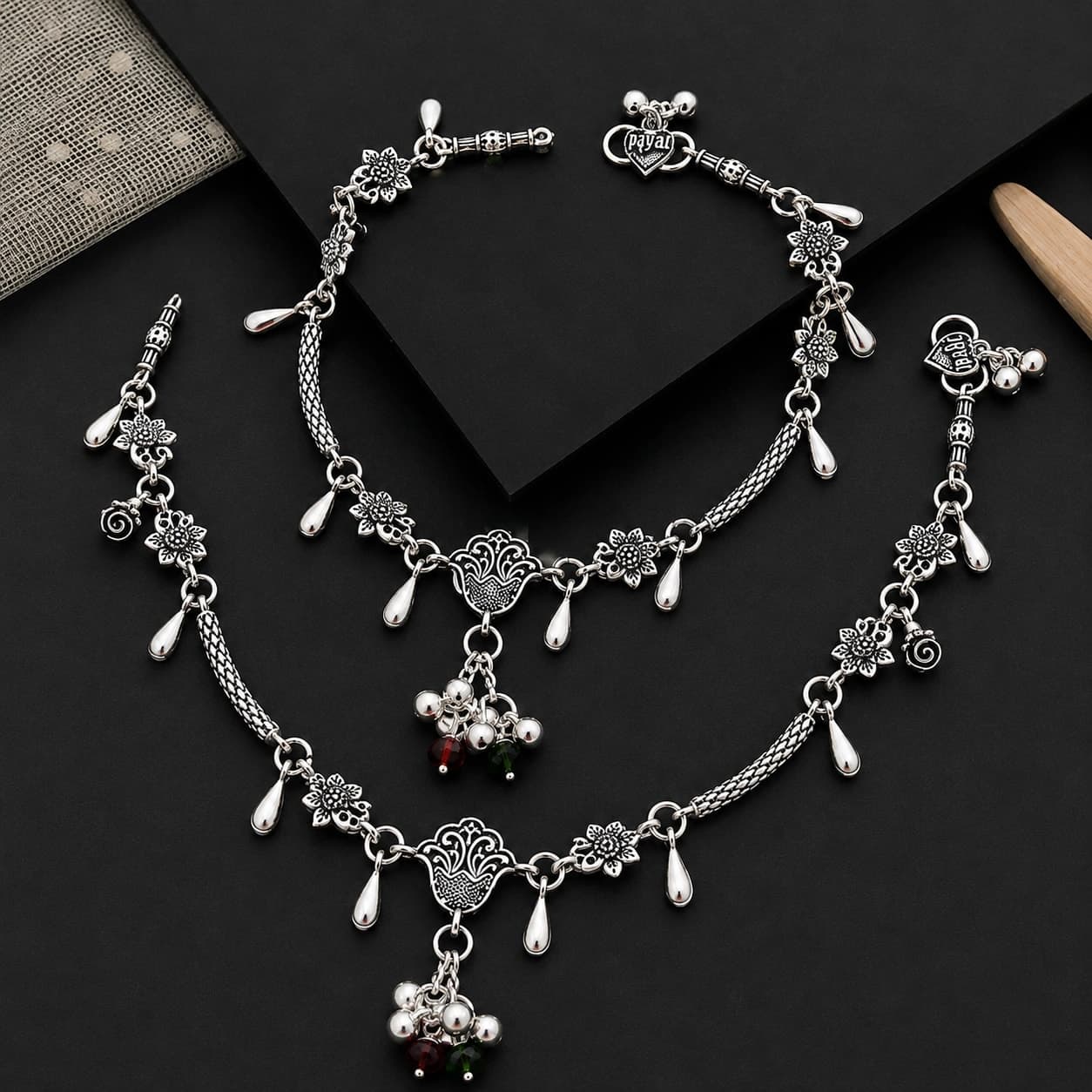 Floral Paisley Drop Charm Silver Plated Payal