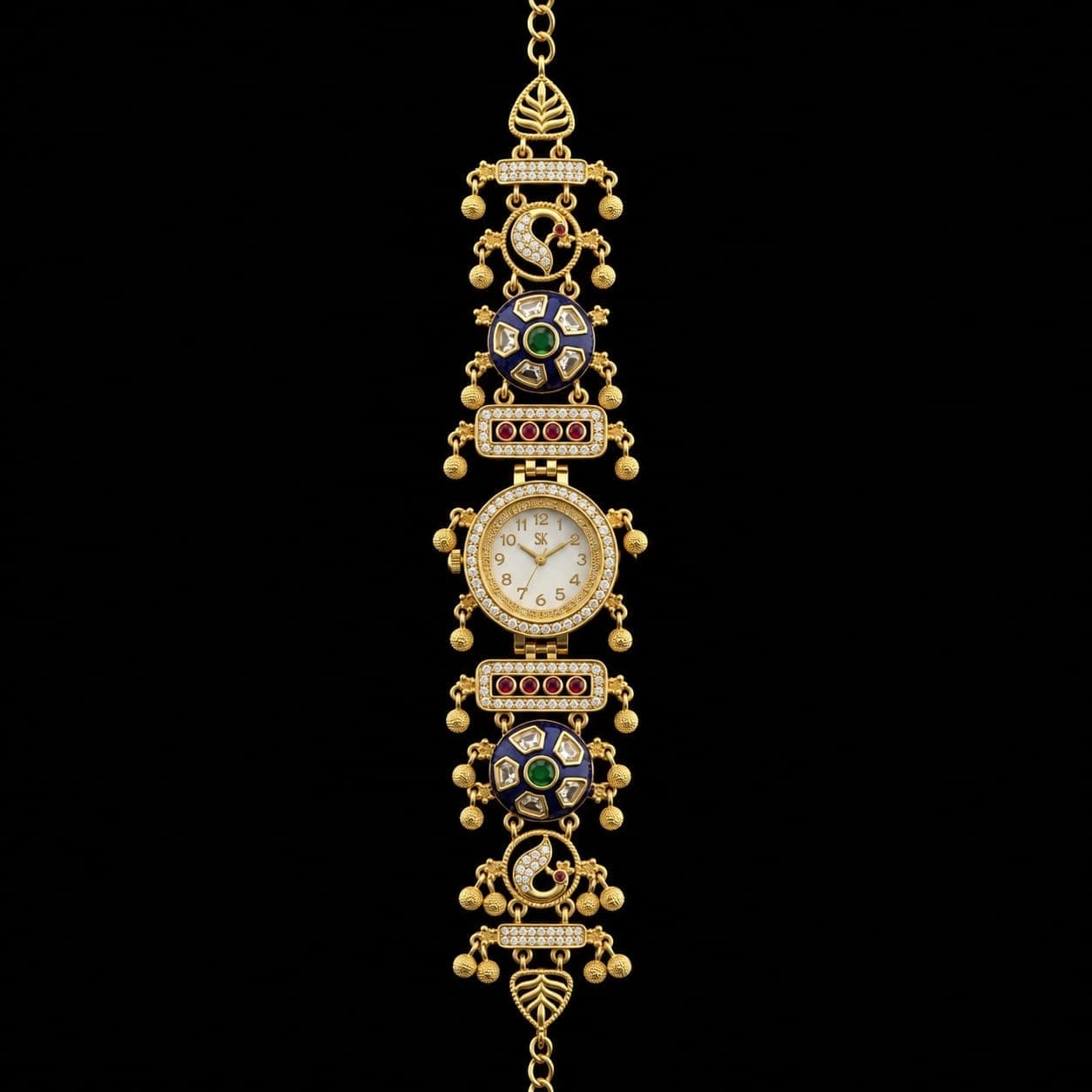 Royal Gold Green Stone Designer Jewelry Watch