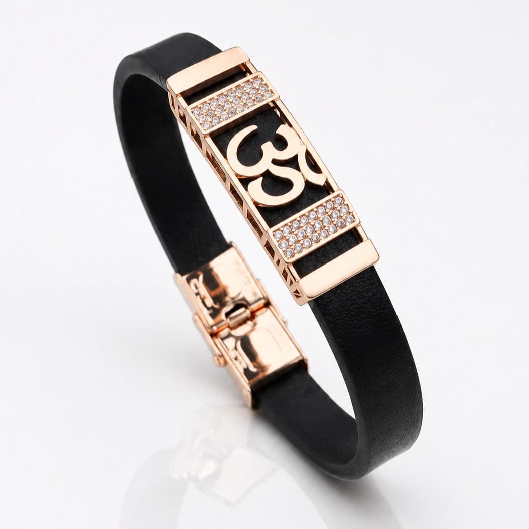 Om Symbol Rose Gold Men's Bracelet with Crystal Detail