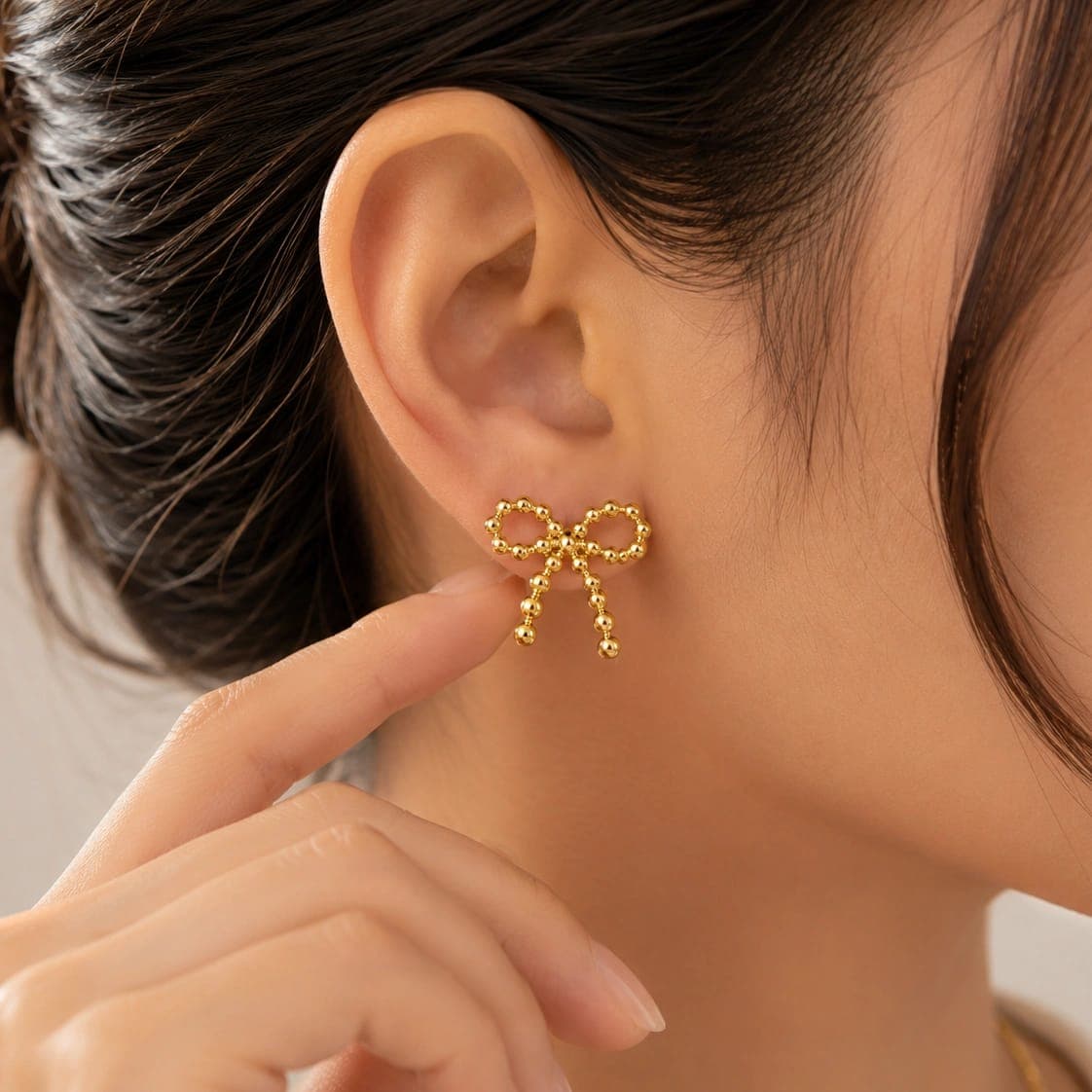 Golden Beaded Bow Earrings