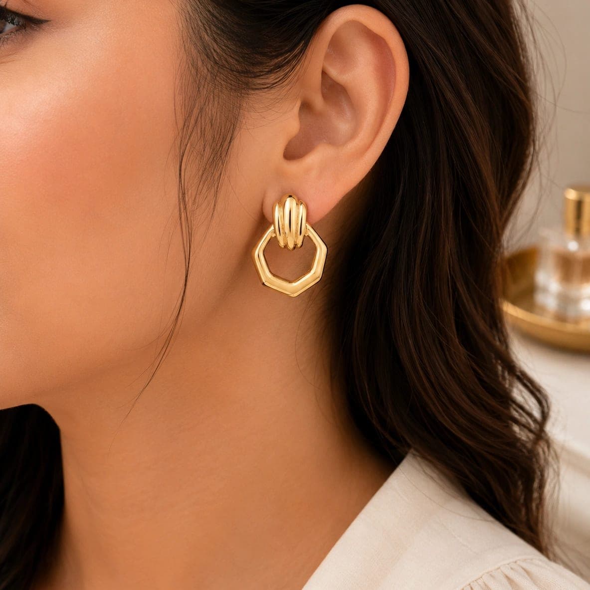 Golden Geometric Hexagon Drop Earrings