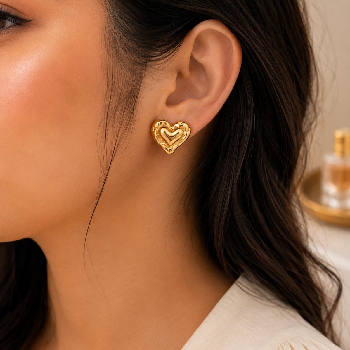 Polished Golden Puffy Heart Stud Earrings