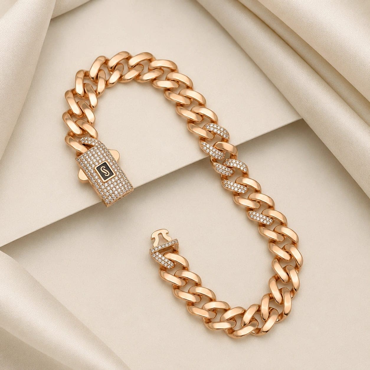 Rose Gold Crystal Accent Curb Chain Men's Bracelet