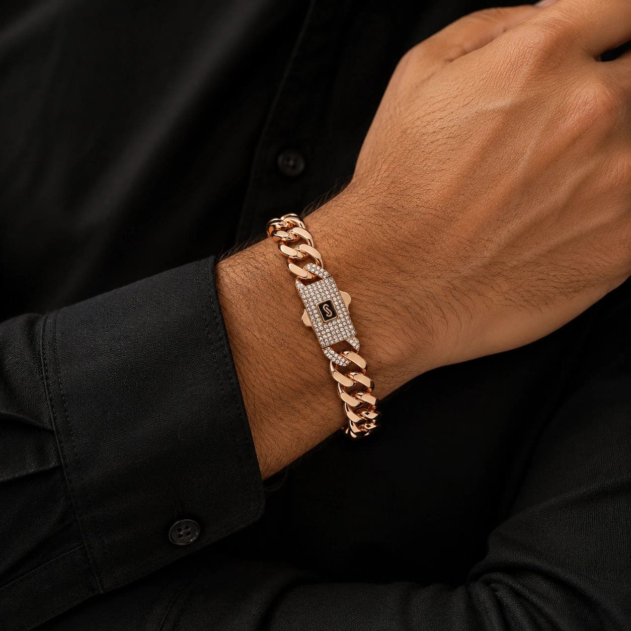 Rose Gold Crystal Accent Curb Chain Men's Bracelet - photo 3