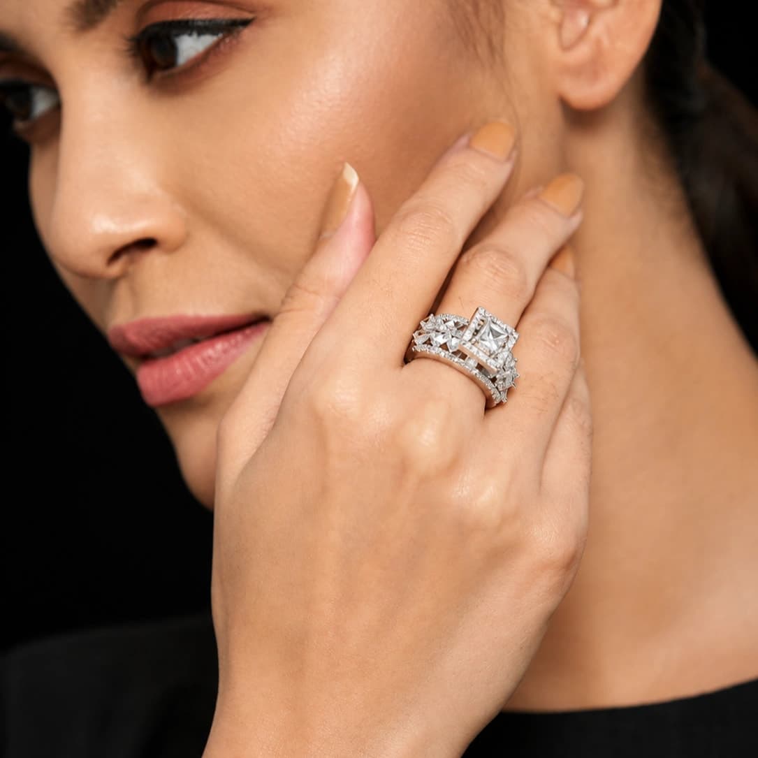 Silver Square Halo Statement Ring