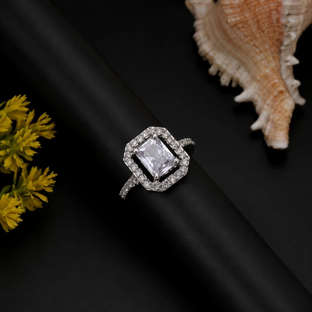 Silver Square Crystal Halo Free Size Ring for Women