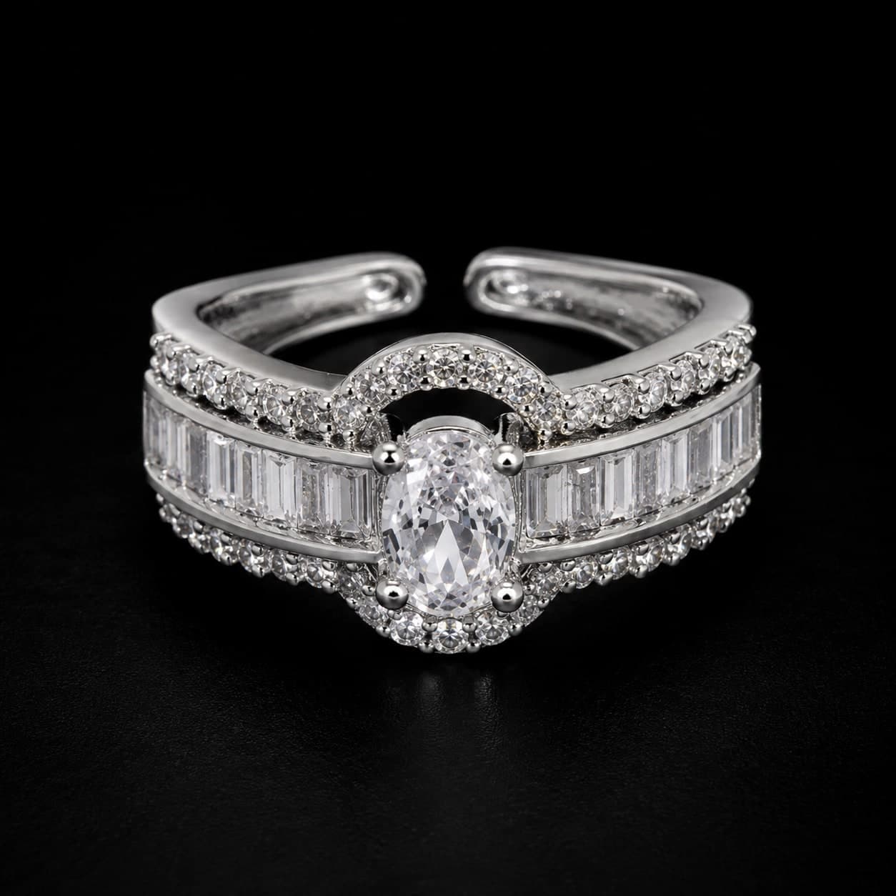 Silver Oval Crystal Statement Free Size Ring for Women