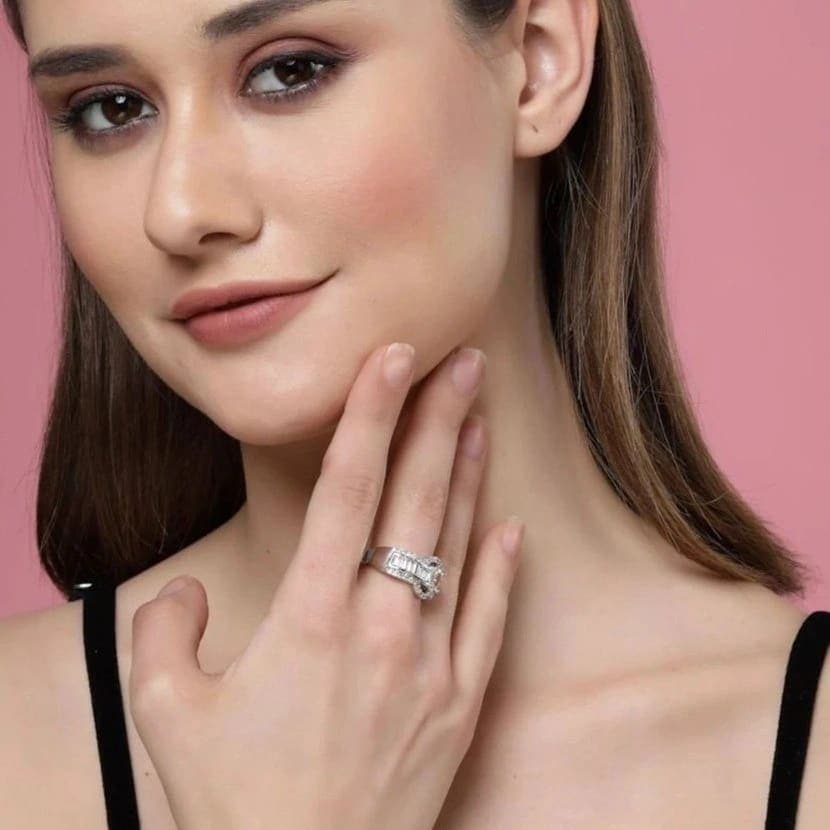 Silver Oval Crystal Statement Free Size Ring for Women - photo 2