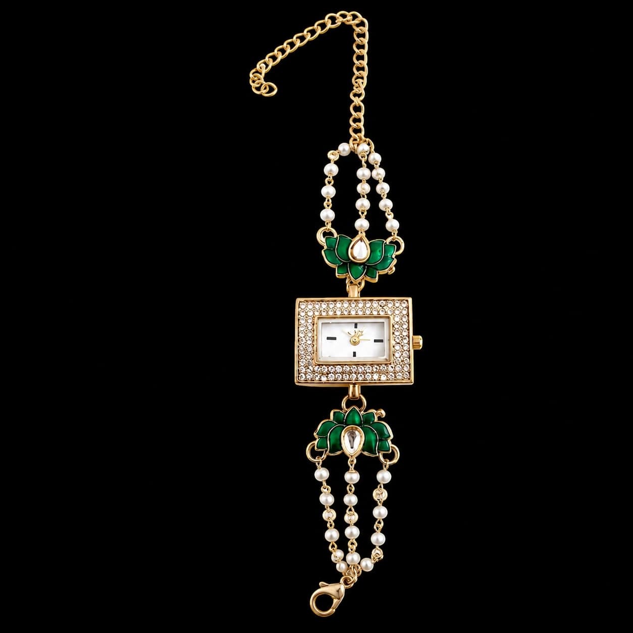 Green Floral Pearl Chain Bracelet Watch for Women