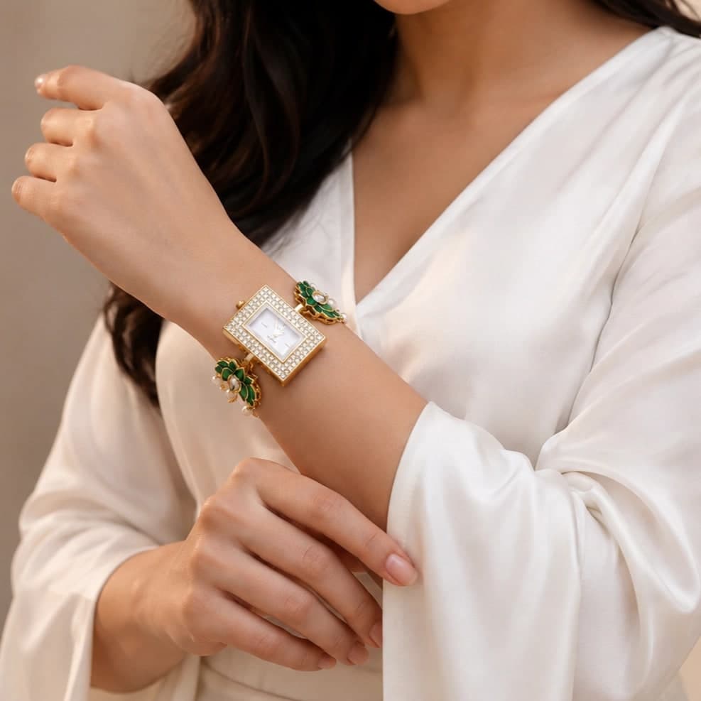 Green Floral Pearl Chain Bracelet Watch for Women - photo 2