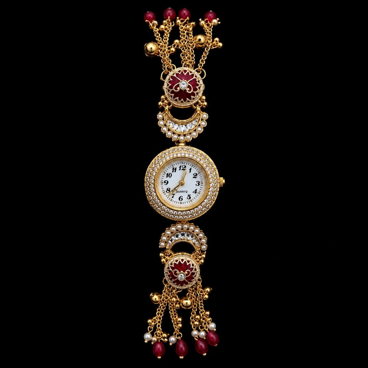 Red Floral Pearl Bracelet Watch for Women