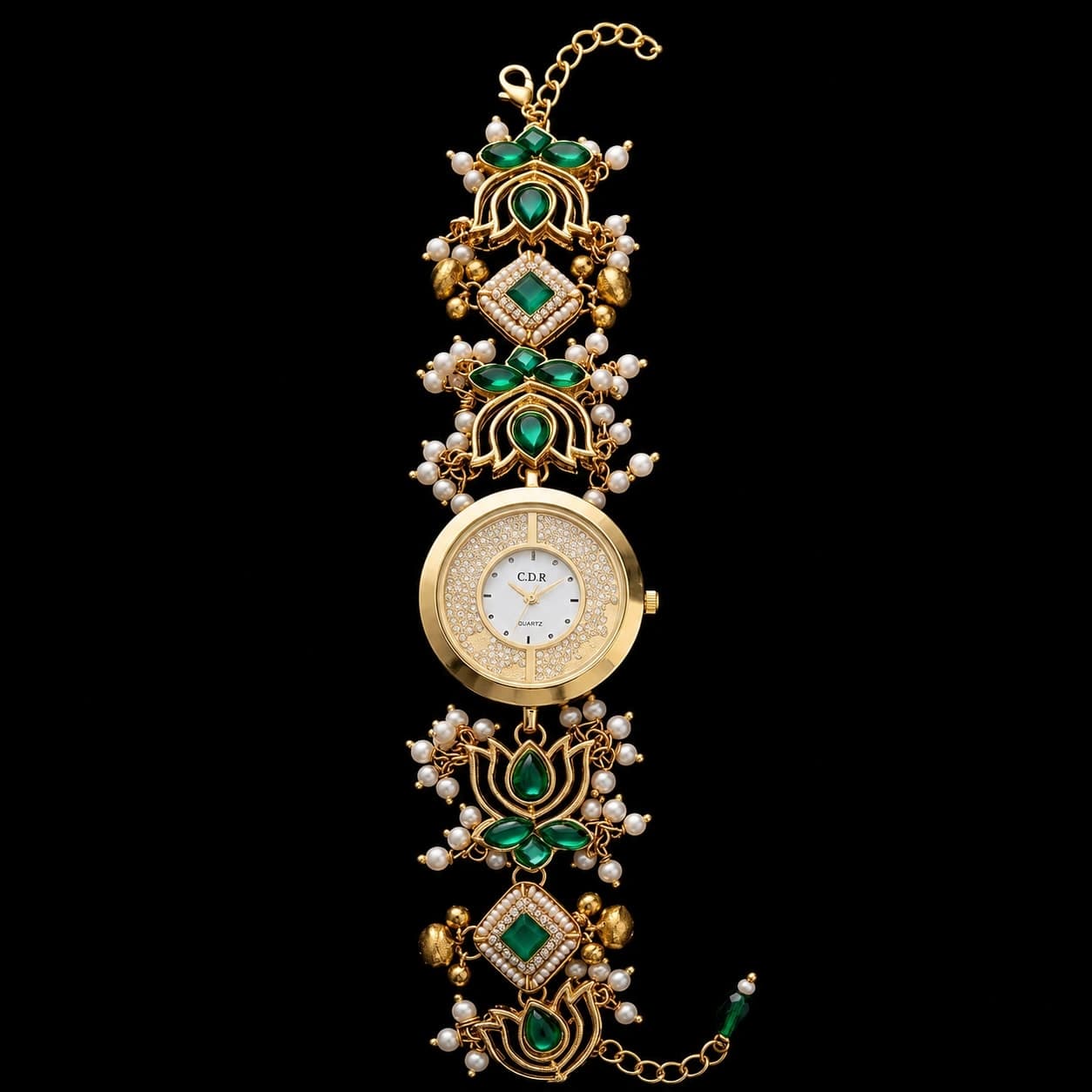Emerald Pearl Gold Designer Bracelet Watch