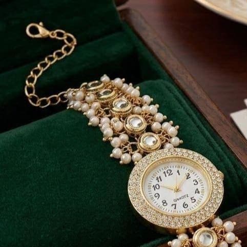 Pearl Embellished Gold Bracelet Watch