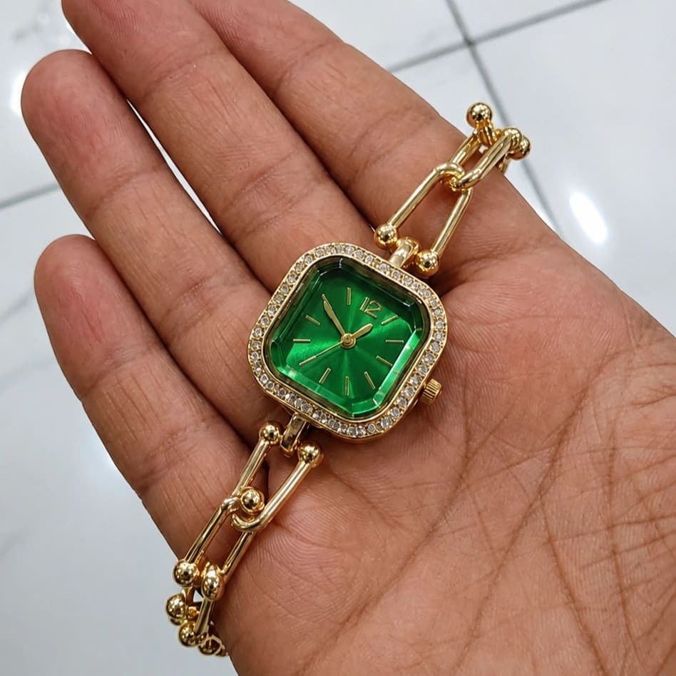 Emerald Green Square Dial Gold Bracelet Watch