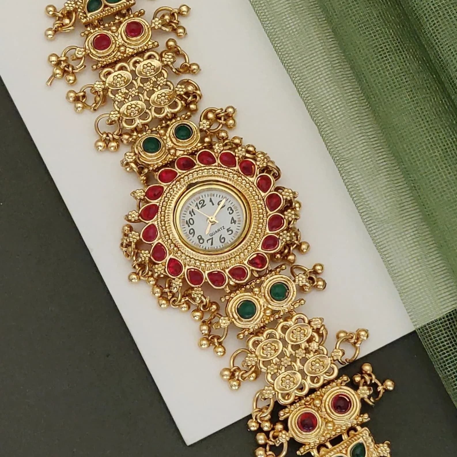 Royal Rajasthani Kundan Meenakari Bracelet Watch for Women – Red & Green Heritage Design