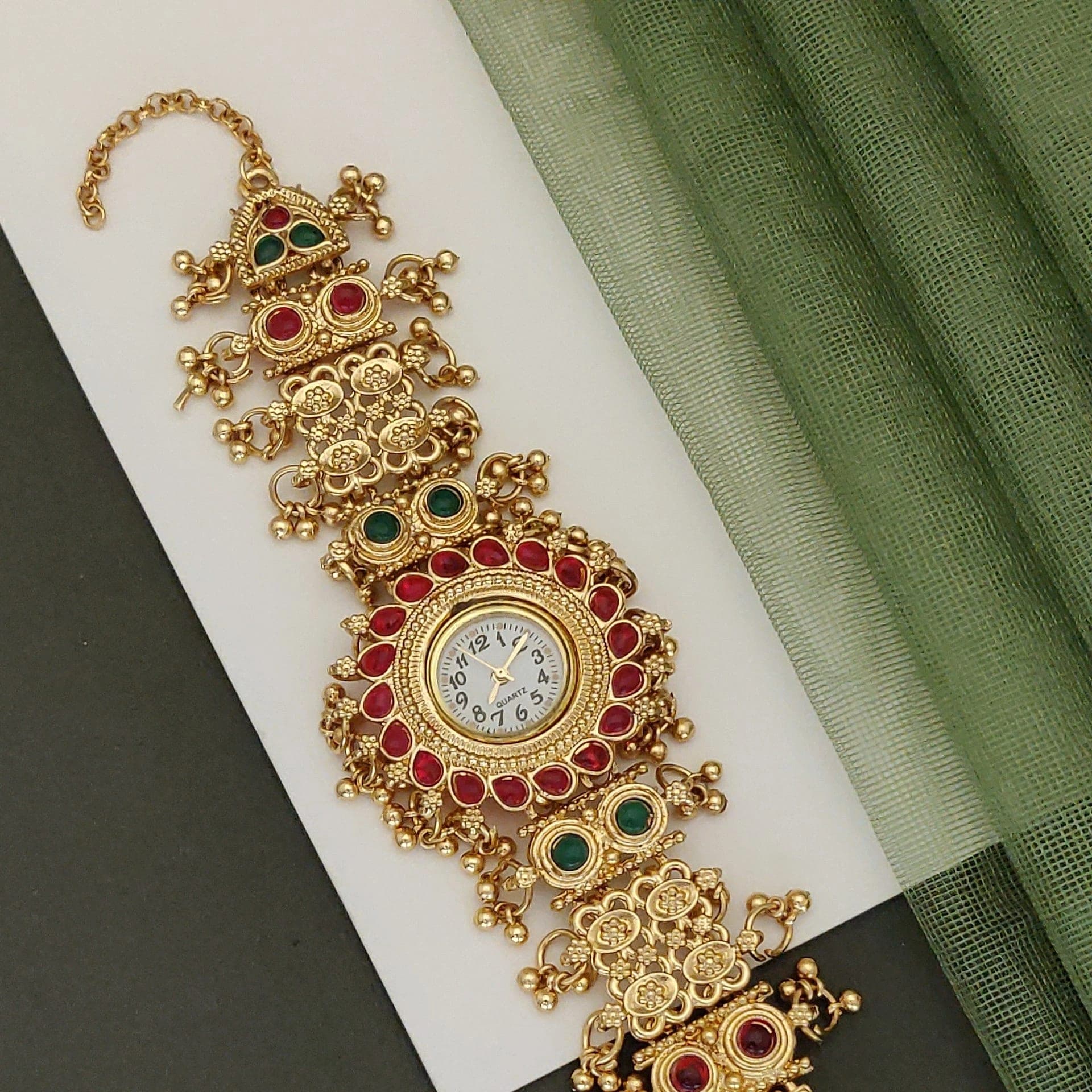 Royal Rajasthani Kundan Meenakari Bracelet Watch for Women – Red & Green Heritage Design - photo 2