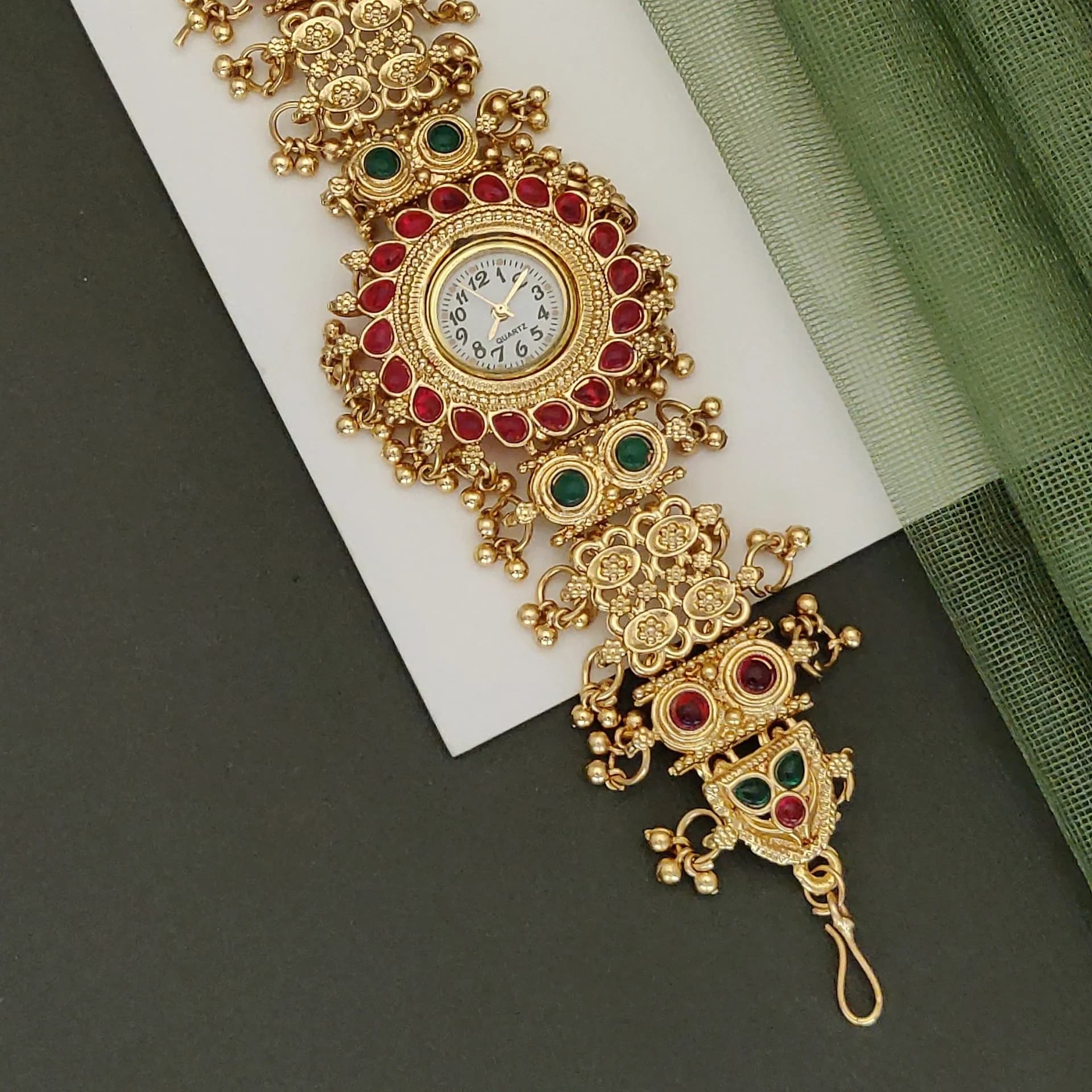 Royal Rajasthani Kundan Meenakari Bracelet Watch for Women – Red & Green Heritage Design - photo 3