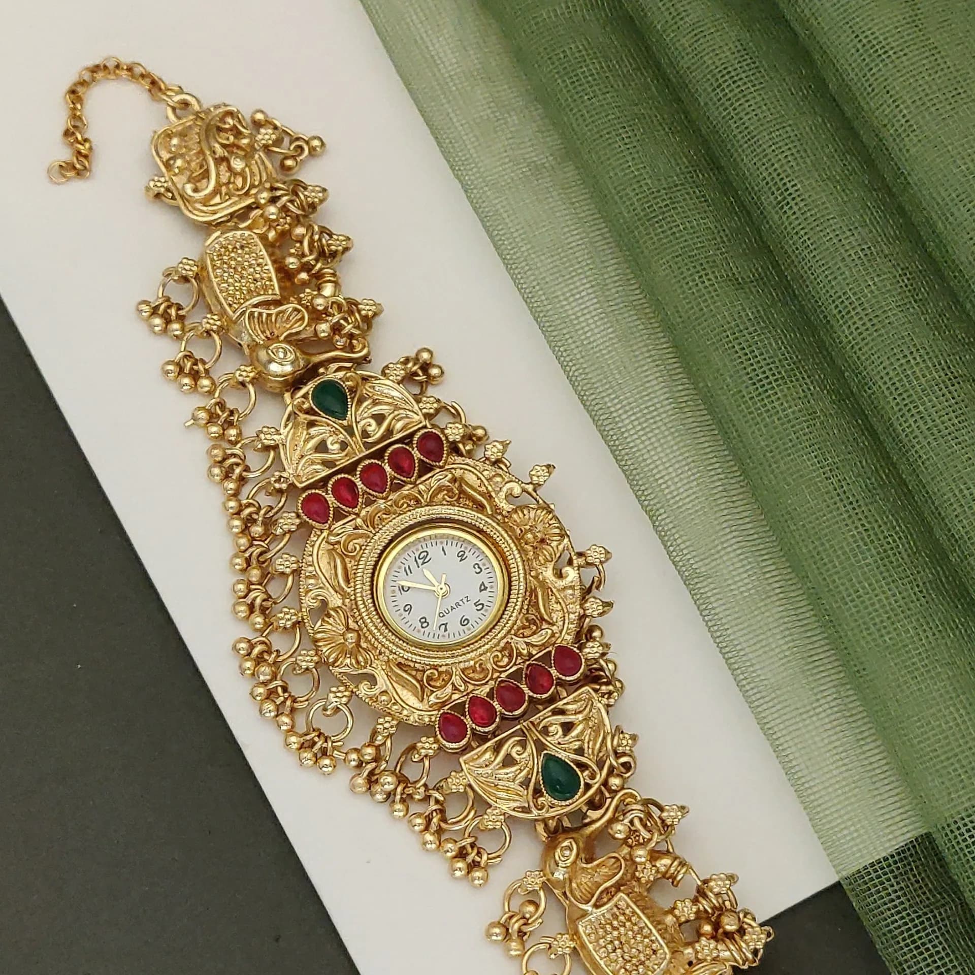 Royal Ethnic Gold Bracelet Watch for Women – Red & Green Traditional Charm Design - photo 2
