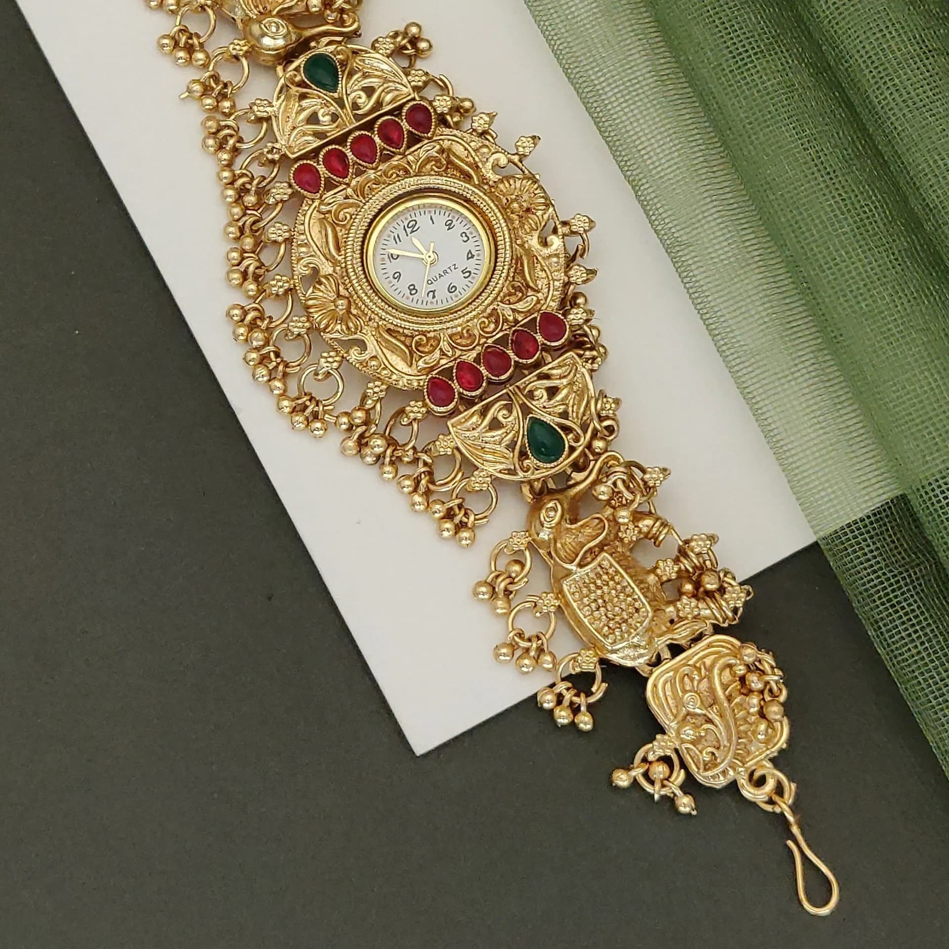 Royal Ethnic Gold Bracelet Watch for Women – Red & Green Traditional Charm Design - photo 3