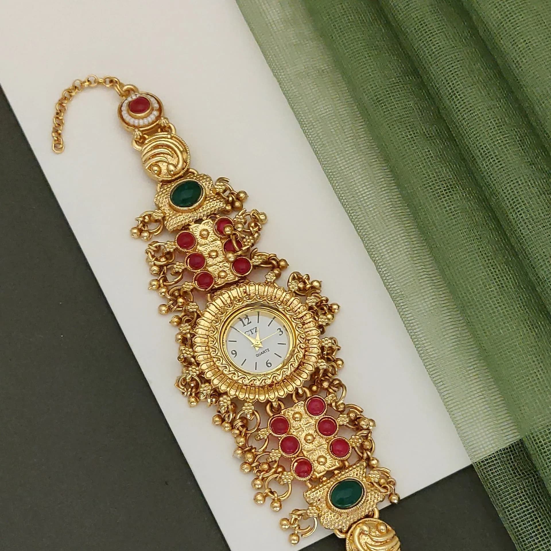 Royal Rajasthani Meenakari Bracelet Watch for Women – Red & Green Heritage Design - photo 2