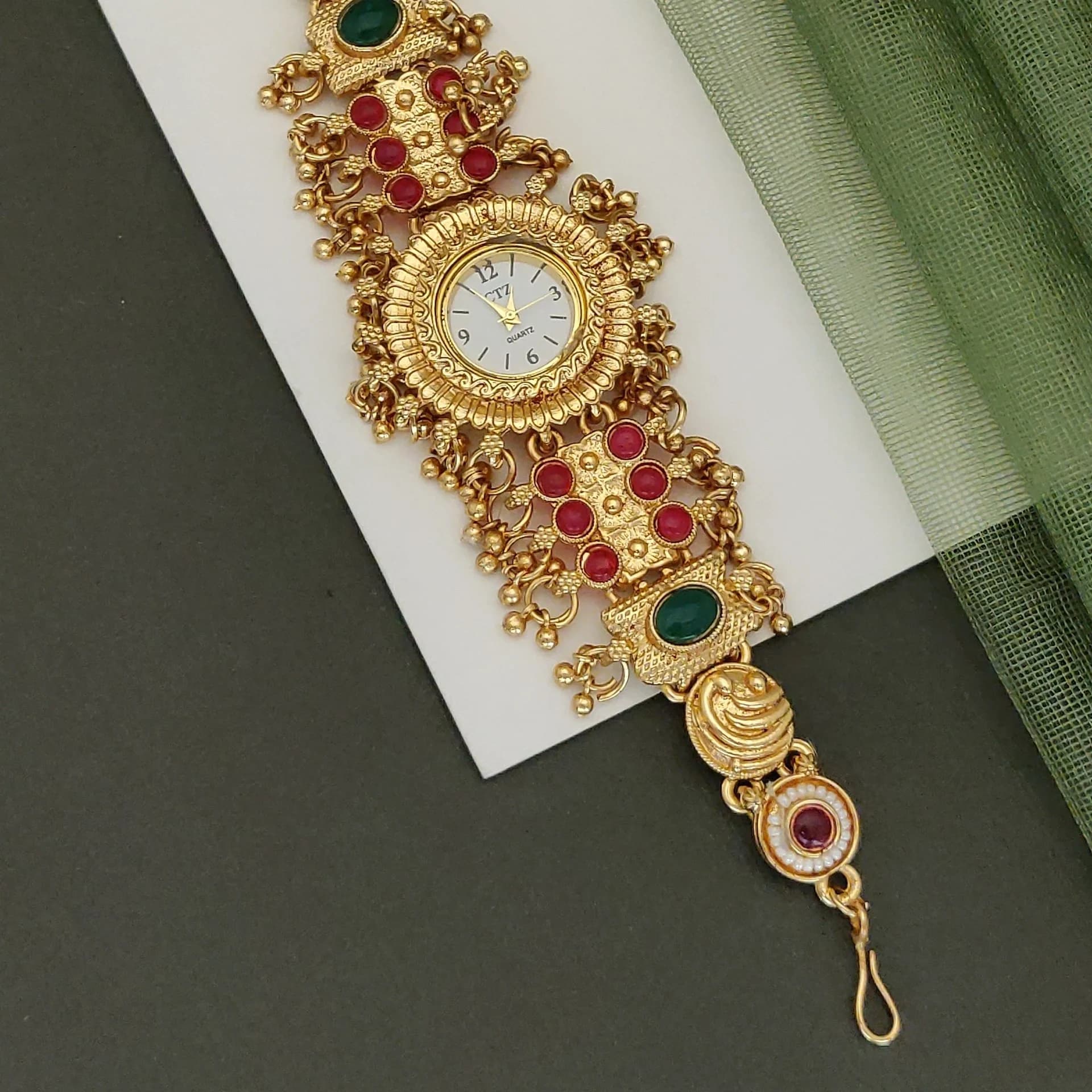 Royal Rajasthani Meenakari Bracelet Watch for Women – Red & Green Heritage Design - photo 3