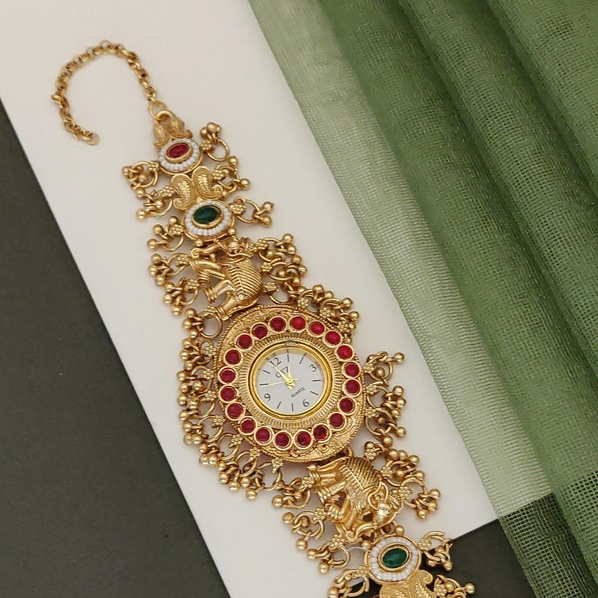 Royal Peacock Rajasthani Bracelet Watch for Women – Red & Green Meenakari Inspired Design - photo 2