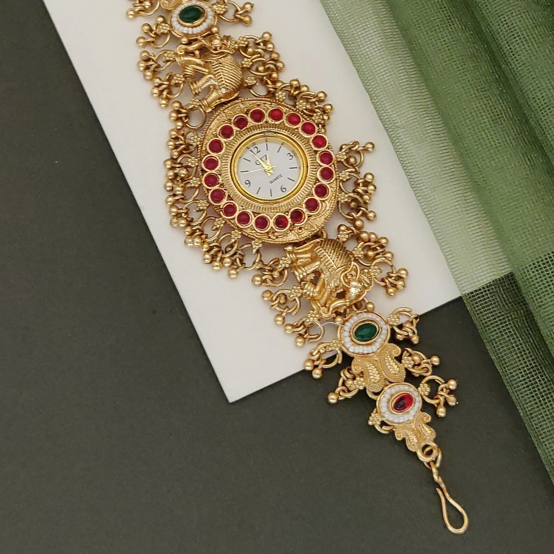 Royal Peacock Rajasthani Bracelet Watch for Women – Red & Green Meenakari Inspired Design - photo 3