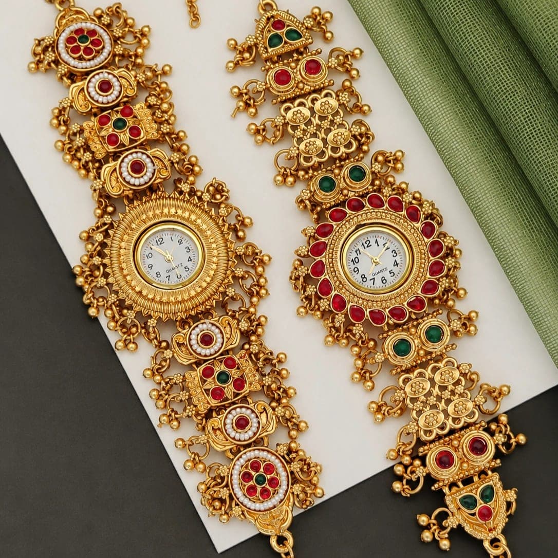 Royal Rajasthani Kundan Bracelet Watch Combo for Women – Red & Green Ethnic Collection