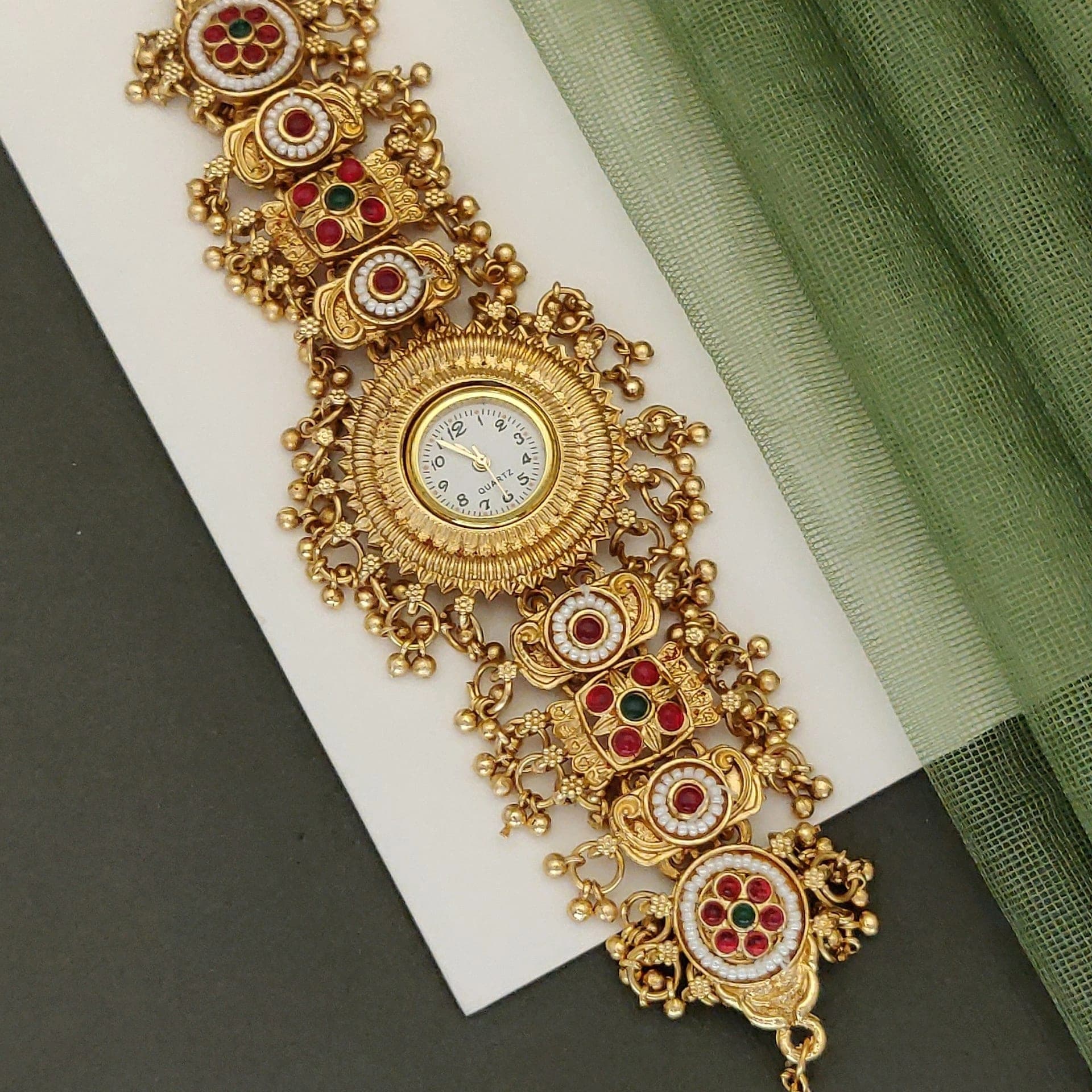 Royal Rajasthani Kundan Bracelet Watch Combo for Women – Red & Green Ethnic Collection - photo 2